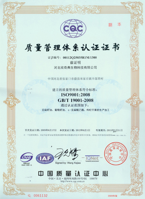 欣奇典ISO9001质量管理体系认证证书